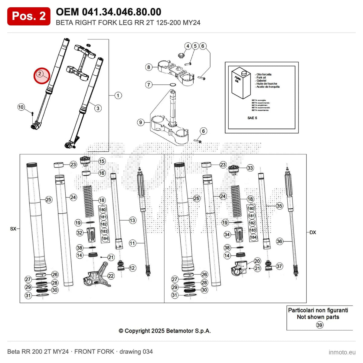 BETA RIGHT FORK LEG RR 2T 125-200 MY24 – OEM 041.34.046.80.00, position 2 on the Beta RR 200 2T MY24 front fork drawing