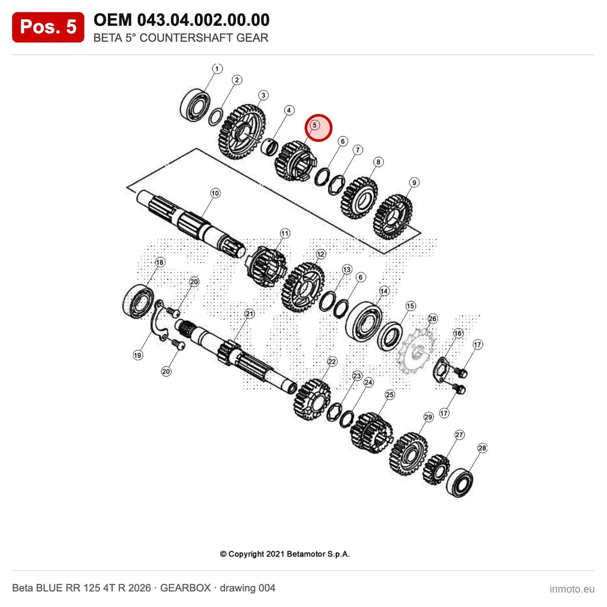 BETA 5° COUNTERSHAFT GEAR – OEM 043.04.002.00.00, position 5 on the Beta BLUE RR 125 4T R 2026 gearbox drawing
