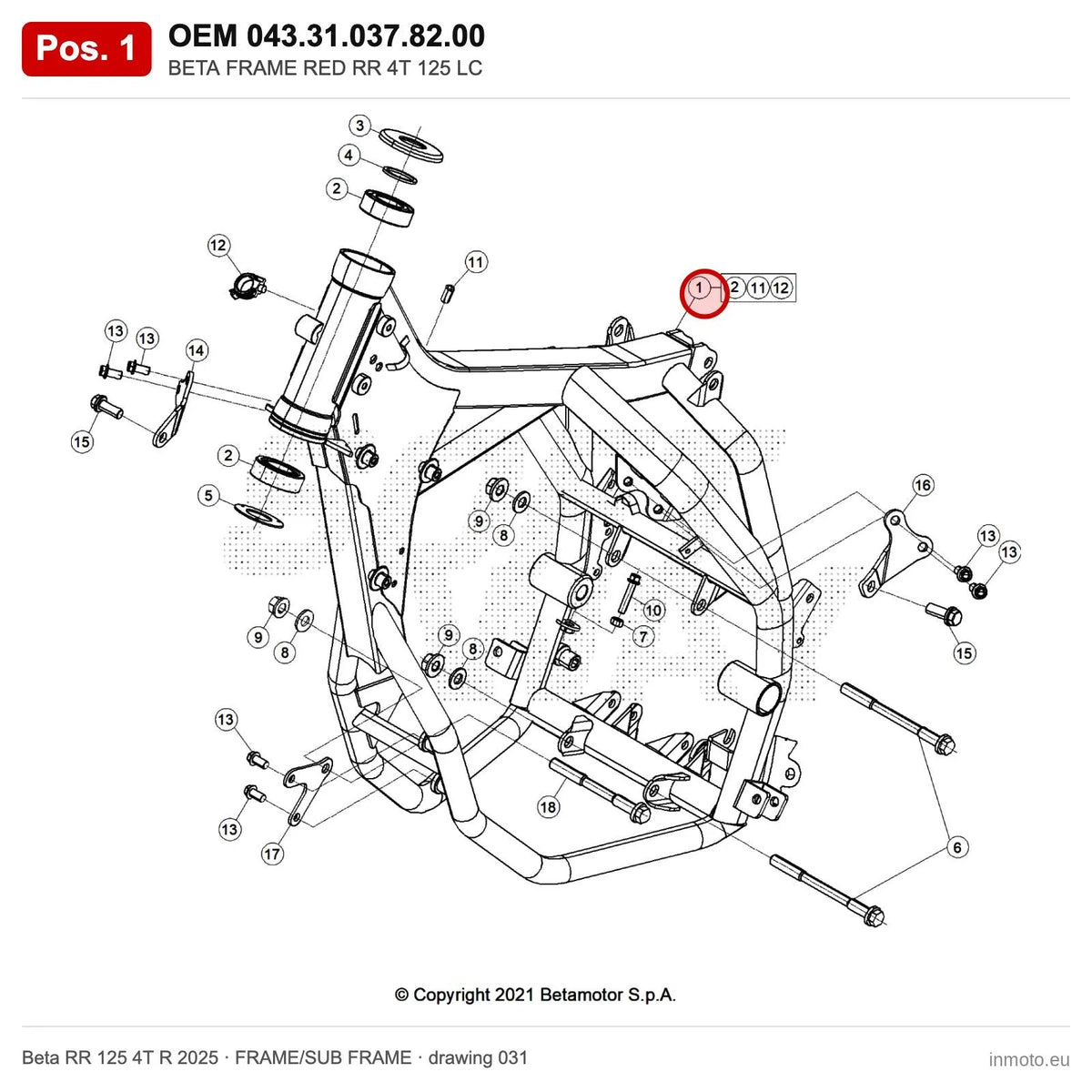 BETA FRAME RED RR 4T 125 LC – OEM 043.31.037.82.00, position 1 on the Beta RR 125 4T R 2025 frame/sub frame drawing