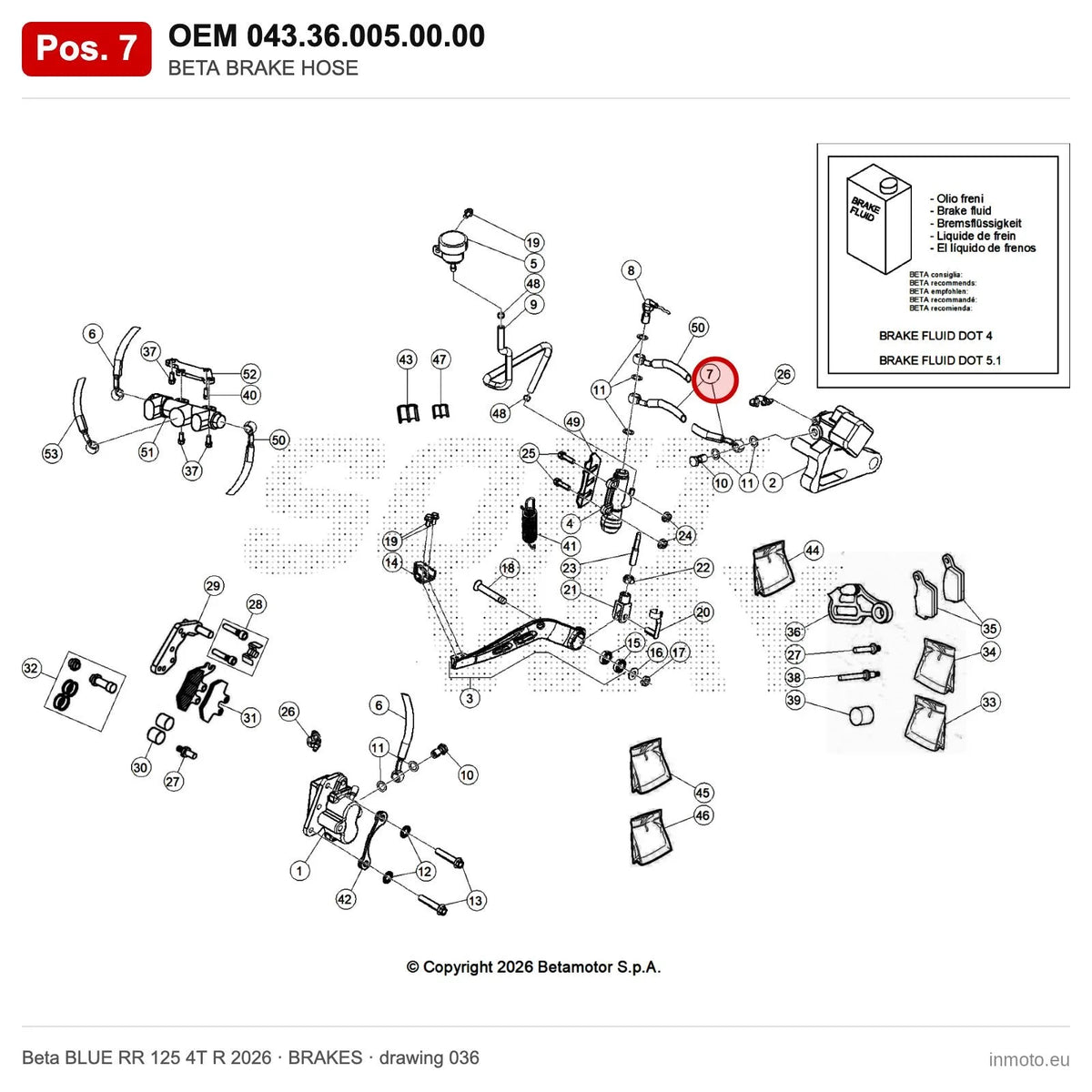 BETA BRAKE HOSE – OEM 043.36.005.00.00, position 7 on the Beta BLUE RR 125 4T R 2026 brakes drawing