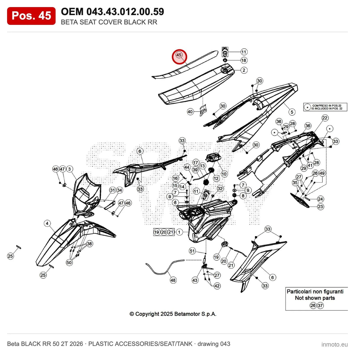 BETA SEAT COVER BLACK RR – OEM 043.43.012.00.59, position 45 on the Beta BLACK RR 50 2T 2026 plastic accessories/seat/tank drawing