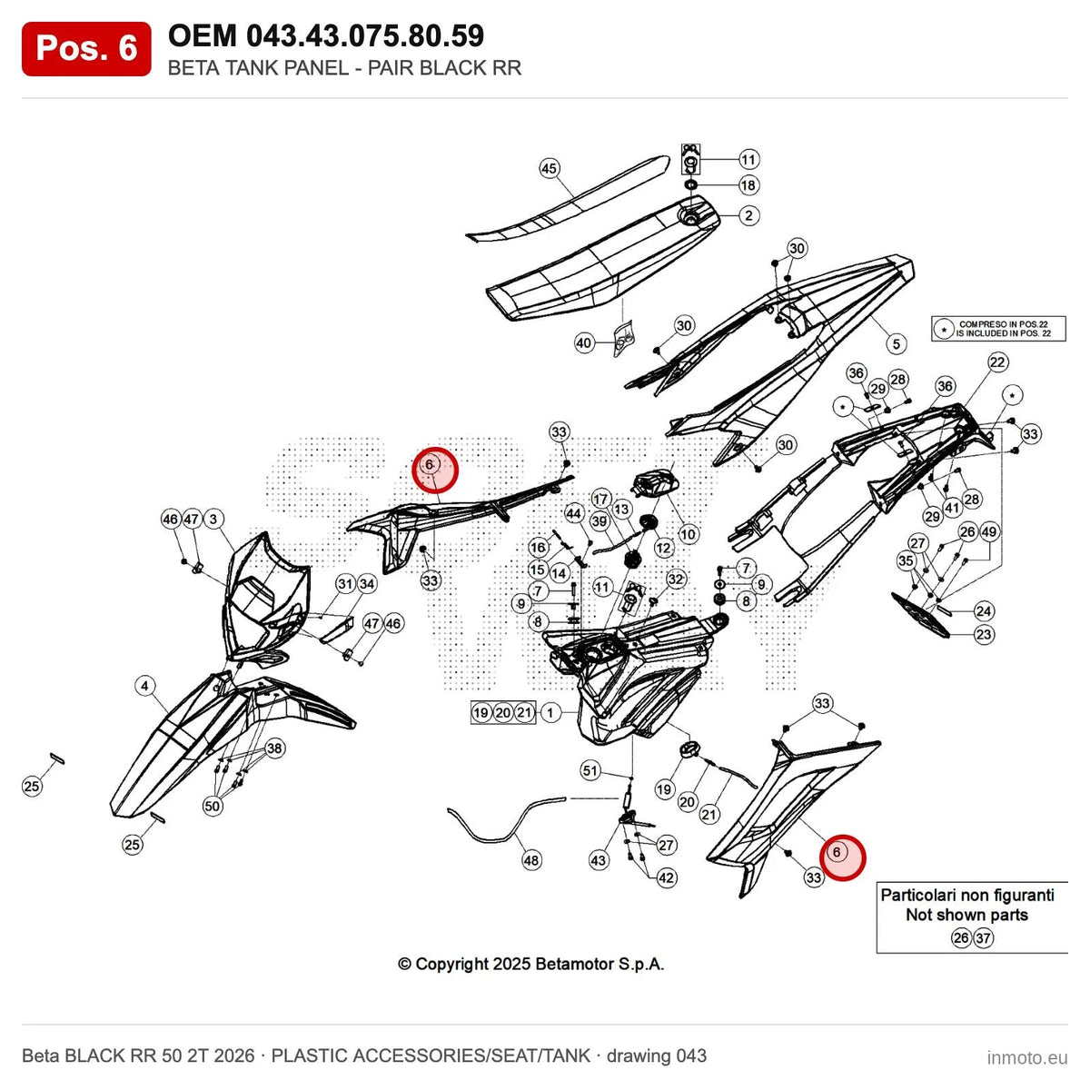BETA TANK PANEL - PAIR BLACK RR – OEM 043.43.075.80.59, position 6 on the Beta BLACK RR 50 2T 2026 plastic accessories/seat/tank drawing