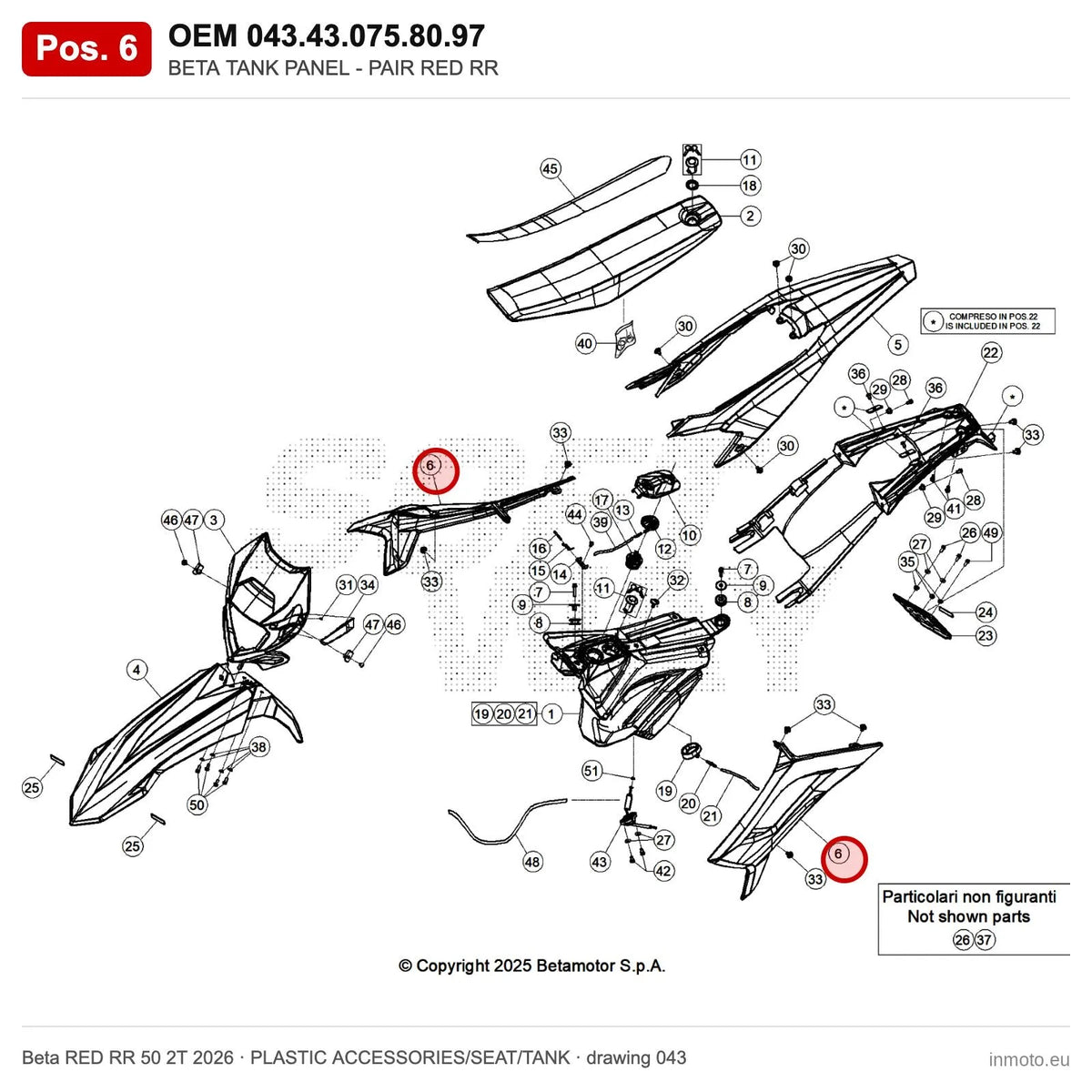 BETA TANK PANEL - PAIR RED RR – OEM 043.43.075.80.97, position 6 on the Beta RED RR 50 2T 2026 plastic accessories/seat/tank drawing
