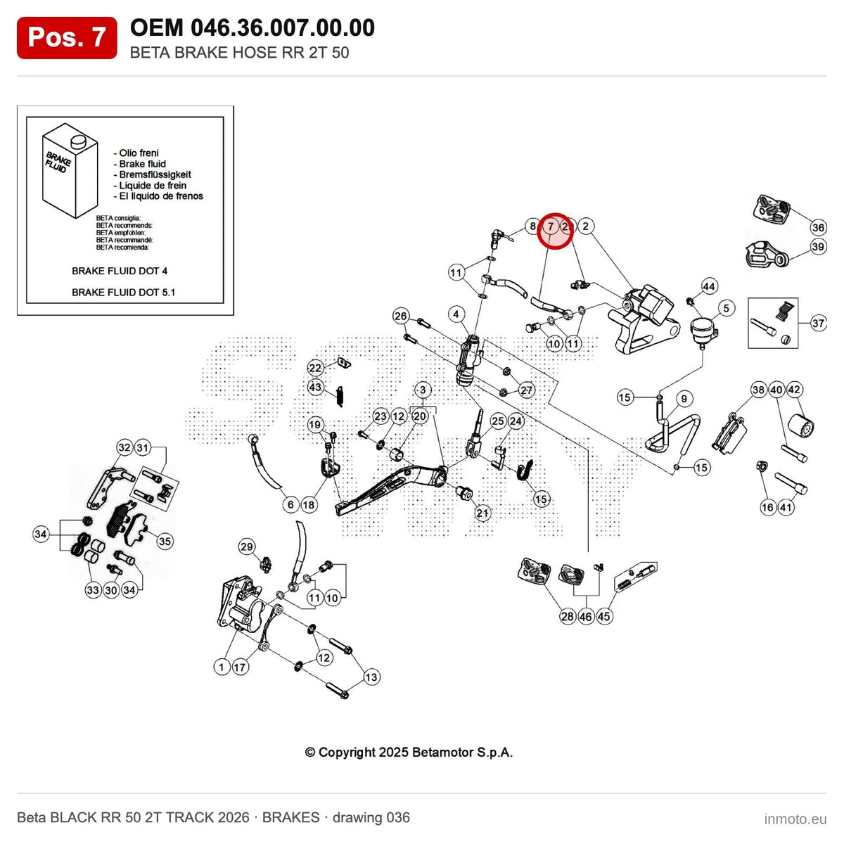BETA BRAKE HOSE RR 2T 50 – OEM 046.36.007.00.00, position 7 on the Beta BLACK RR 50 2T TRACK 2026 brakes drawing