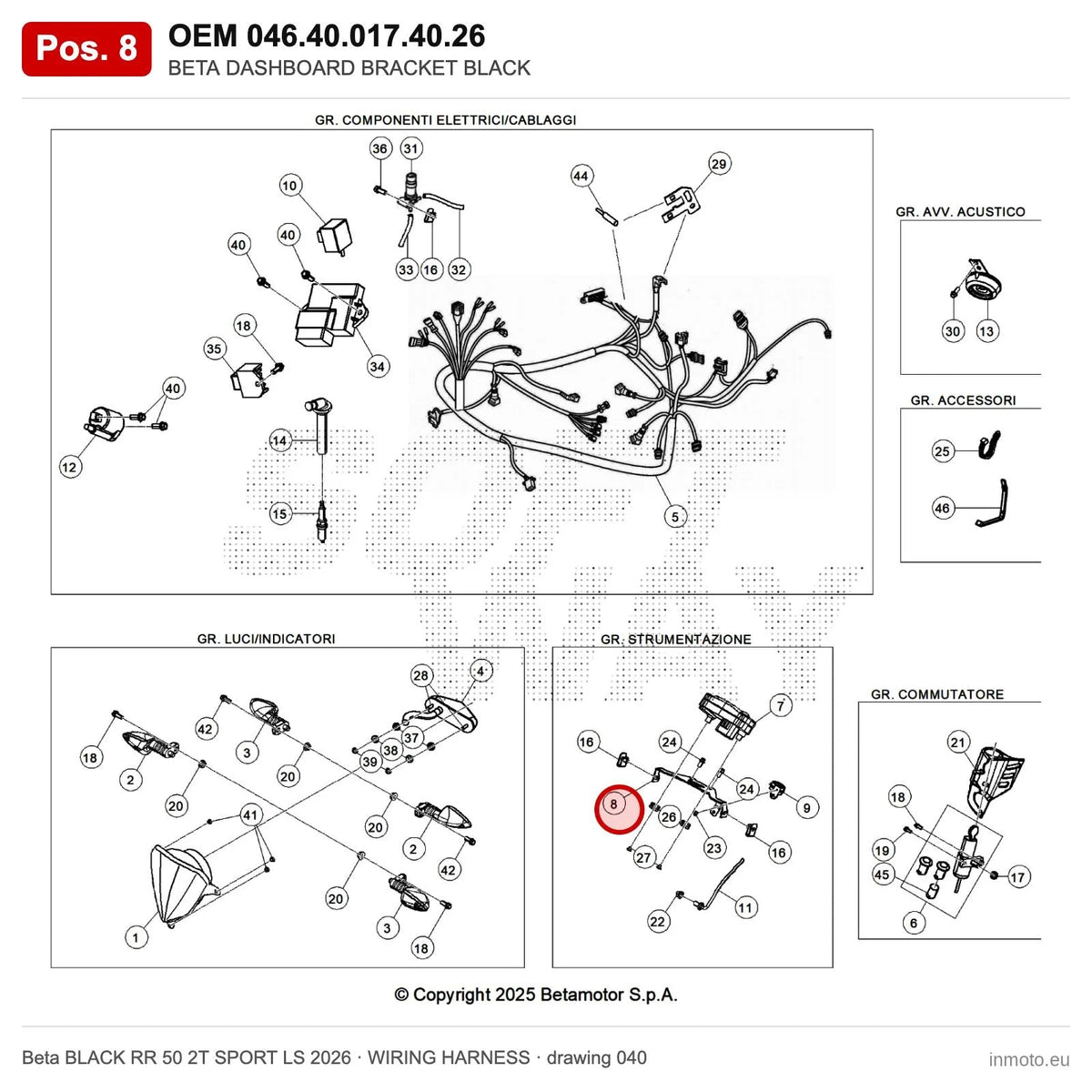 BETA DASHBOARD BRACKET BLACK – OEM 046.40.017.40.26, position 8 on the Beta BLACK RR 50 2T SPORT LS 2026 wiring harness drawing