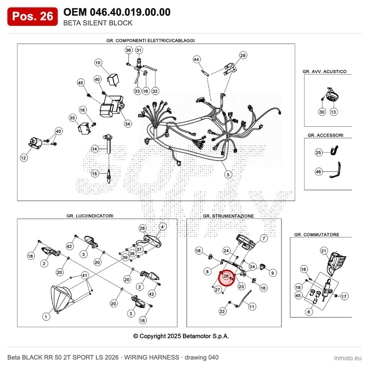 BETA SILENT BLOCK – OEM 046.40.019.00.00, position 26 on the Beta BLACK RR 50 2T SPORT LS 2026 wiring harness drawing