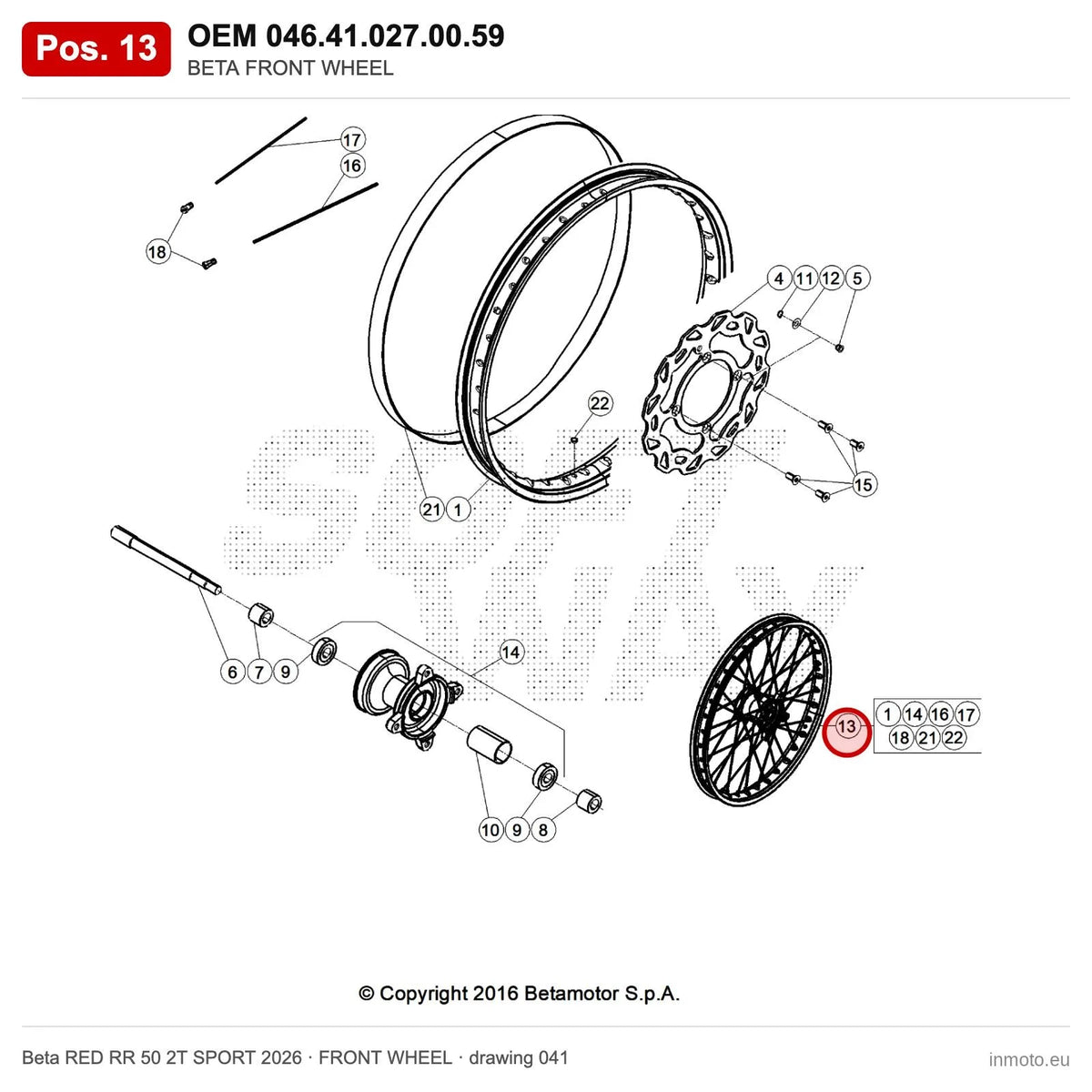 BETA FRONT WHEEL – OEM 046.41.027.00.59, position 13 on the Beta RED RR 50 2T SPORT 2026 front wheel drawing