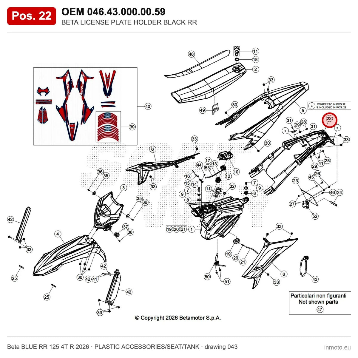 BETA LICENSE PLATE HOLDER BLACK RR – OEM 046.43.000.00.59, position 22 on the Beta BLUE RR 125 4T R 2026 plastic accessories/seat/tank drawing