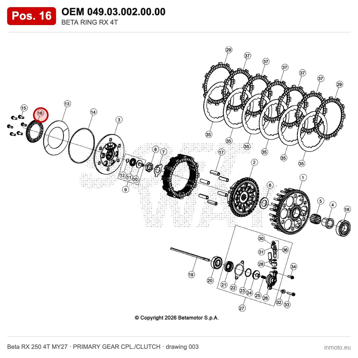 BETA RING RX 4T – OEM 049.03.002.00.00, position 16 on the Beta RX 250 4T MY27 primary gear cpl./clutch drawing