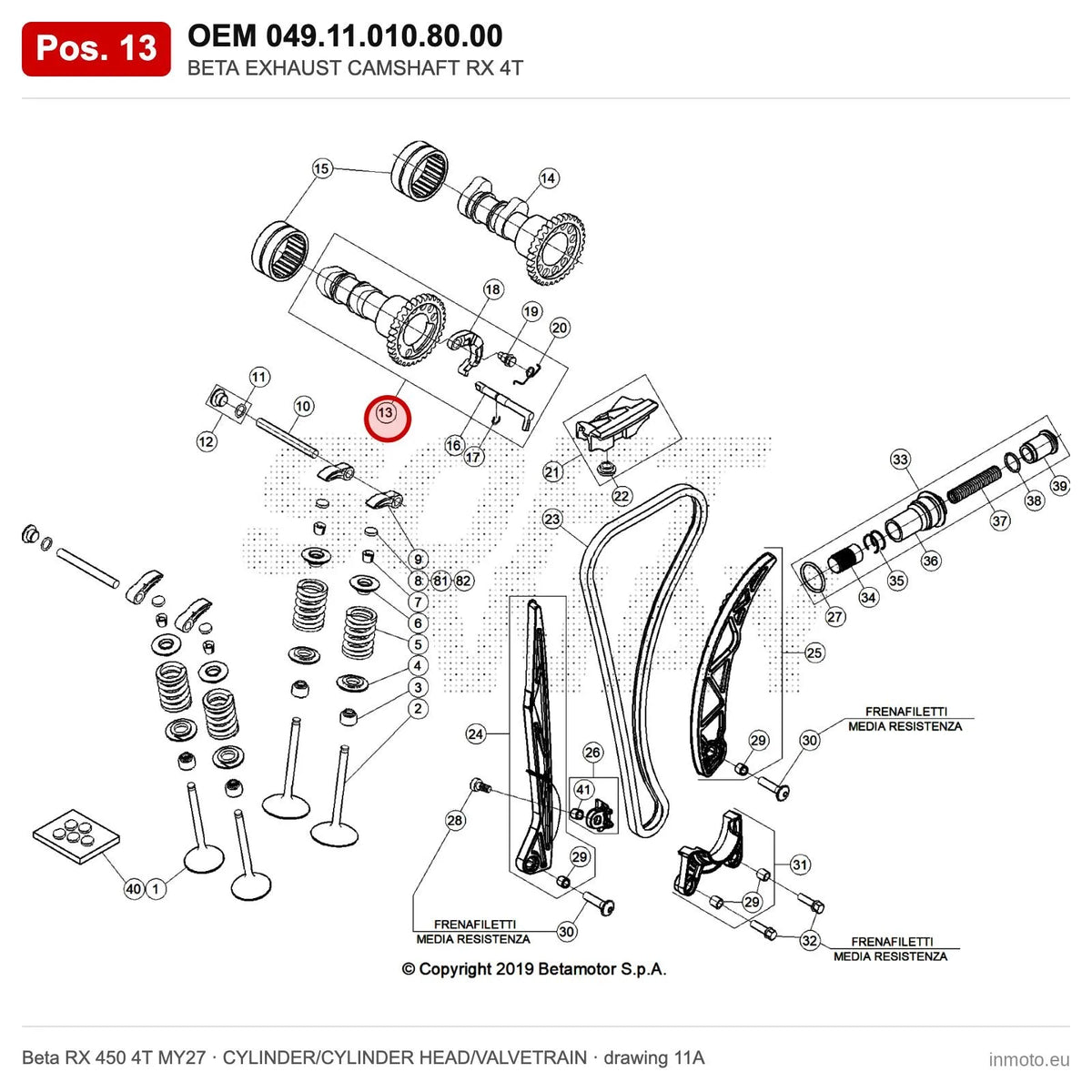BETA EXHAUST CAMSHAFT RX 4T – OEM 049.11.010.80.00, position 13 on the Beta RX 450 4T MY27 cylinder/cylinder head/valvetrain drawing
