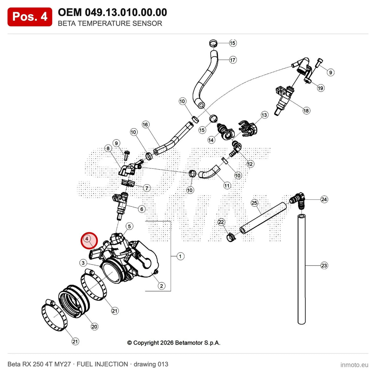 BETA TEMPERATURE SENSOR – OEM 049.13.010.00.00, position 4 on the Beta RX 250 4T MY27 fuel injection drawing