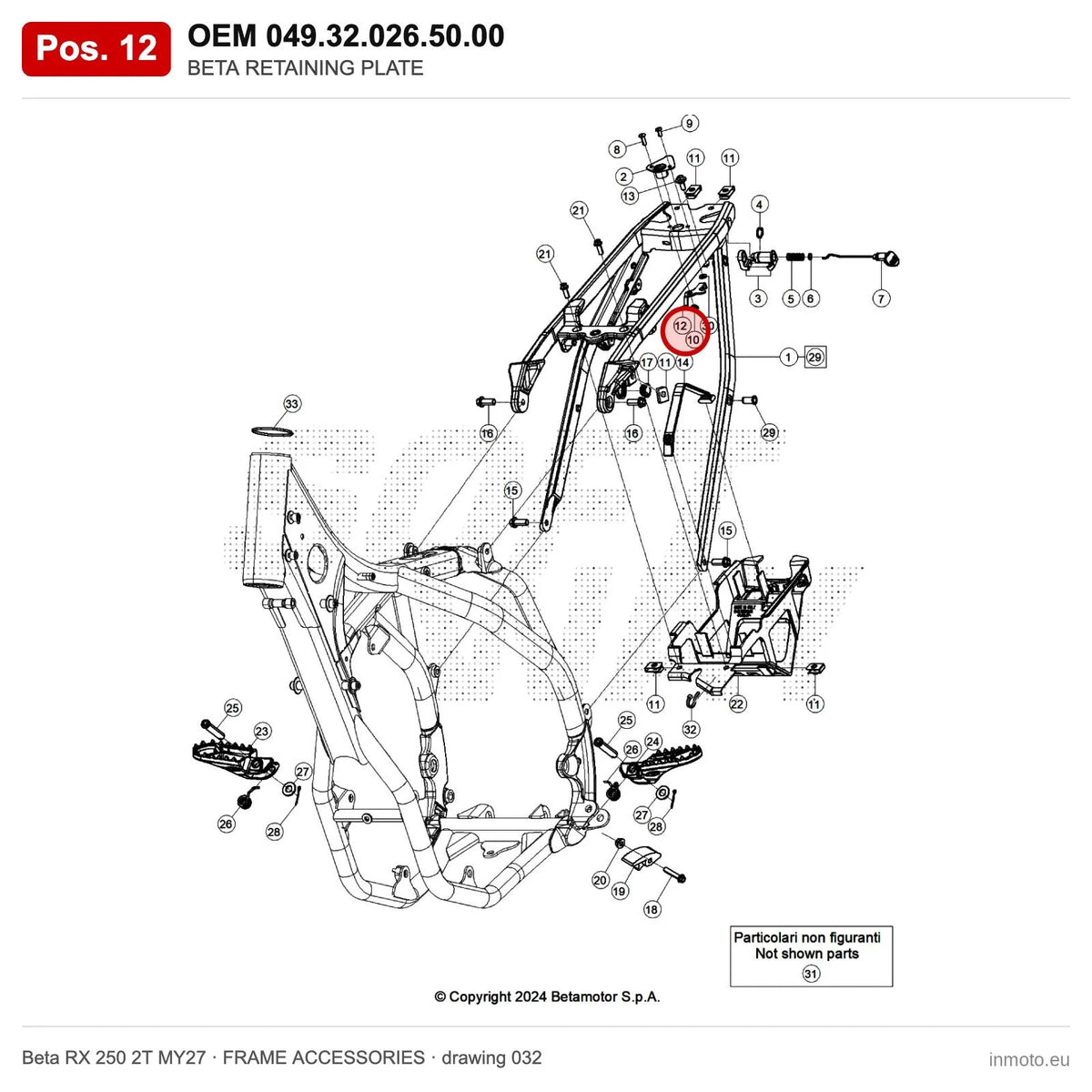 BETA RETAINING PLATE – OEM 049.32.026.50.00, position 12 on the Beta RX 250 2T MY27 frame accessories drawing