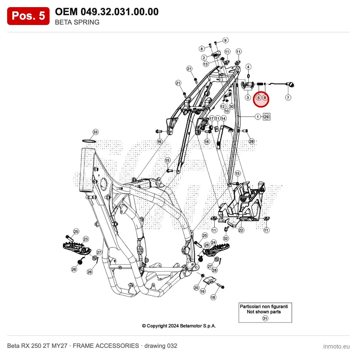 BETA SPRING – OEM 049.32.031.00.00, position 5 on the Beta RX 250 2T MY27 frame accessories drawing
