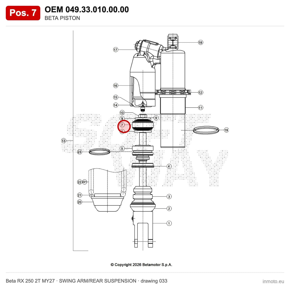 BETA PISTON – OEM 049.33.010.00.00, position 7 on the Beta RX 250 2T MY27 swing arm/rear suspension drawing