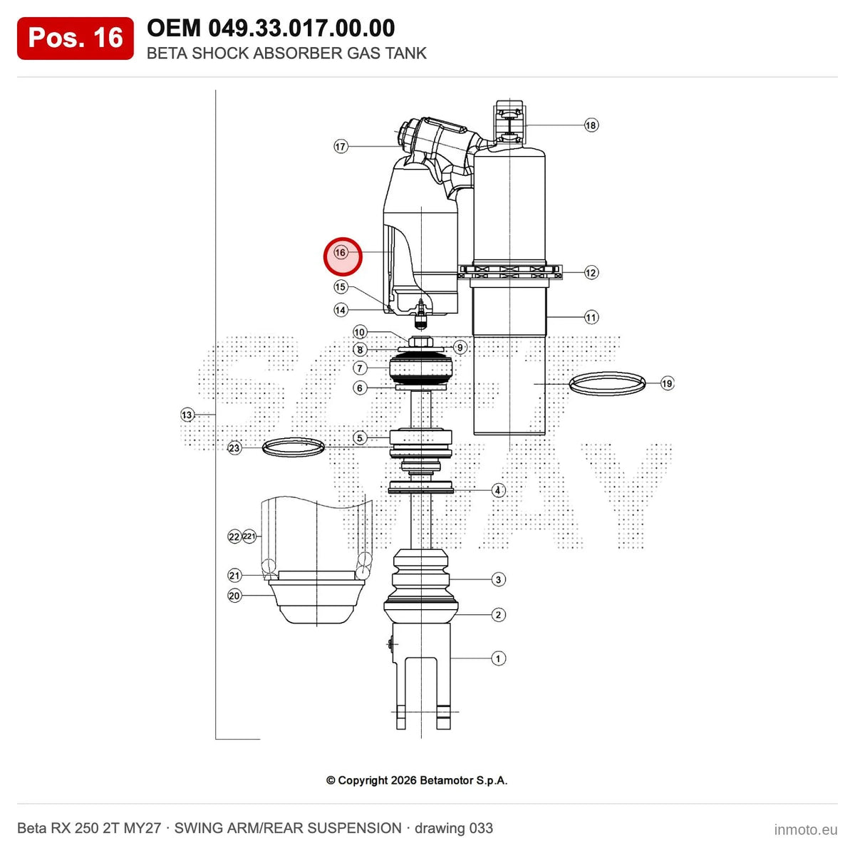 BETA SHOCK ABSORBER GAS TANK – OEM 049.33.017.00.00, position 16 on the Beta RX 250 2T MY27 swing arm/rear suspension drawing