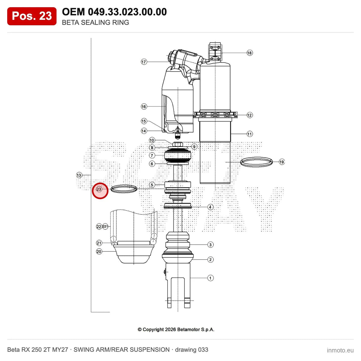 BETA SEALING RING – OEM 049.33.023.00.00, position 23 on the Beta RX 250 2T MY27 swing arm/rear suspension drawing