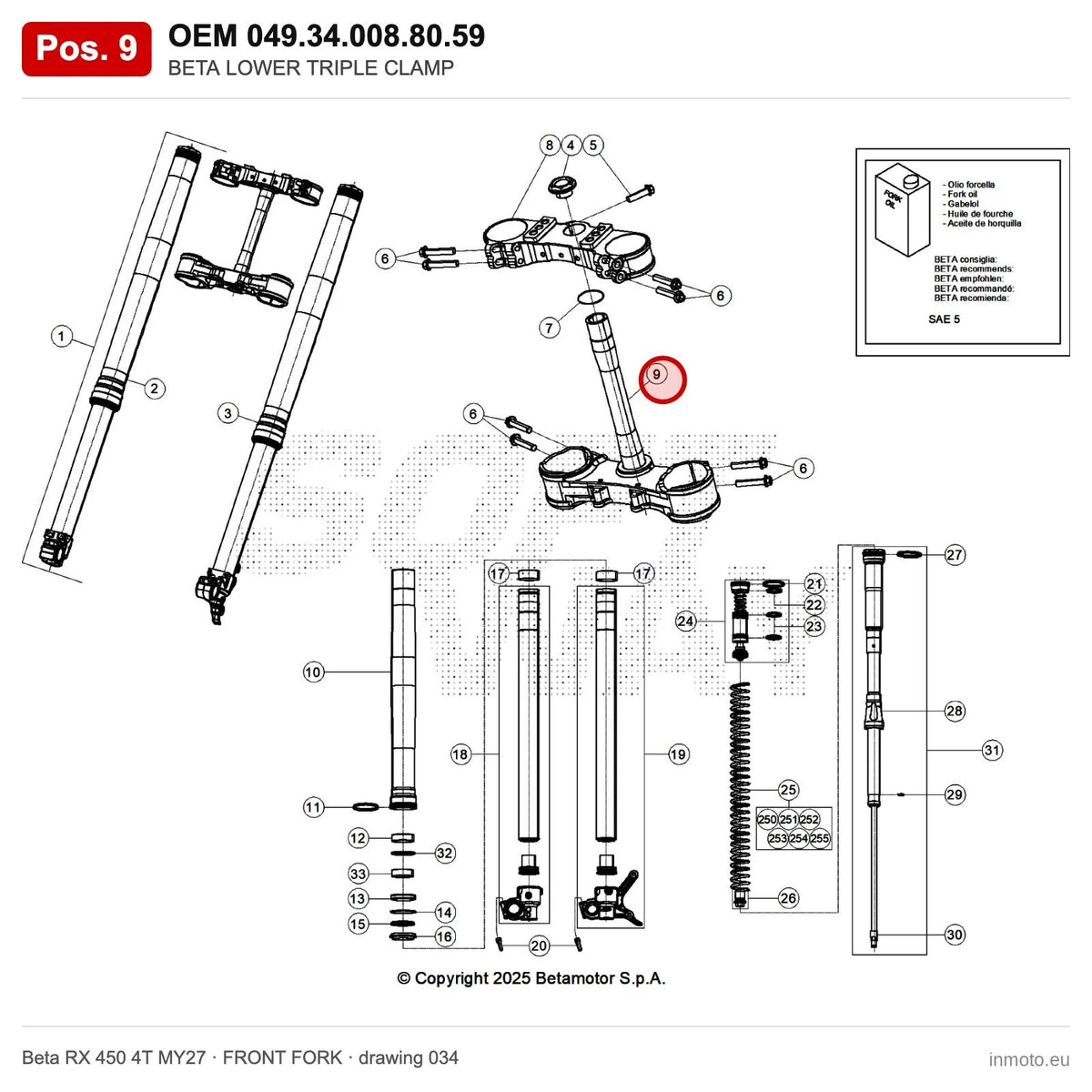 BETA LOWER TRIPLE CLAMP RX – OEM 049.34.008.80.59, position 9 on the Beta RX 450 4T MY27 front fork drawing