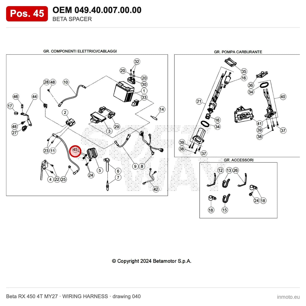 BETA SPACER – OEM 049.40.007.00.00, position 45 on the Beta RX 450 4T MY27 wiring harness drawing