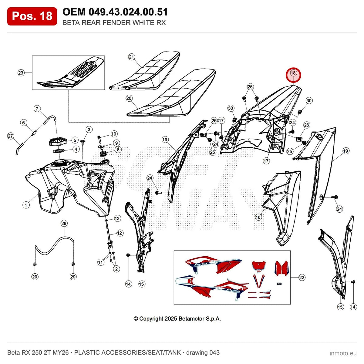 BETA REAR FENDER WHITE RX – OEM 049.43.024.00.51, position 18 on the Beta RX 250 2T MY26 plastic accessories/seat/tank drawing