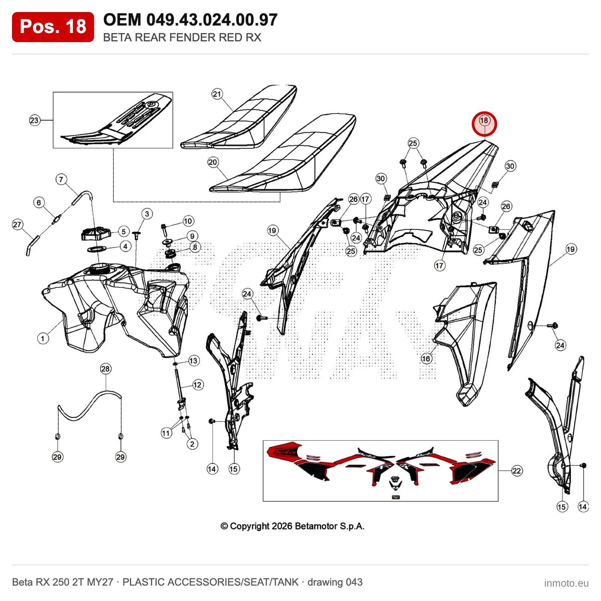 BETA REAR FENDER RED RX – OEM 049.43.024.00.97, position 18 on the Beta RX 250 2T MY27 plastic accessories/seat/tank drawing