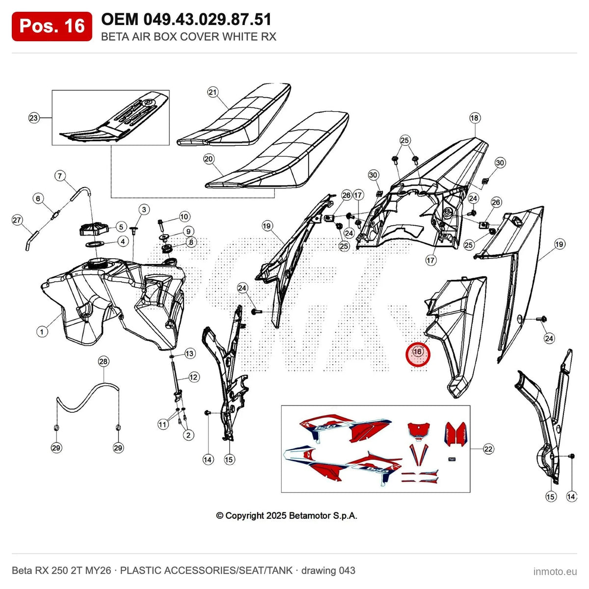 BETA AIR BOX COVER WHITE RX – OEM 049.43.029.87.51, position 16 on the Beta RX 250 2T MY26 plastic accessories/seat/tank drawing