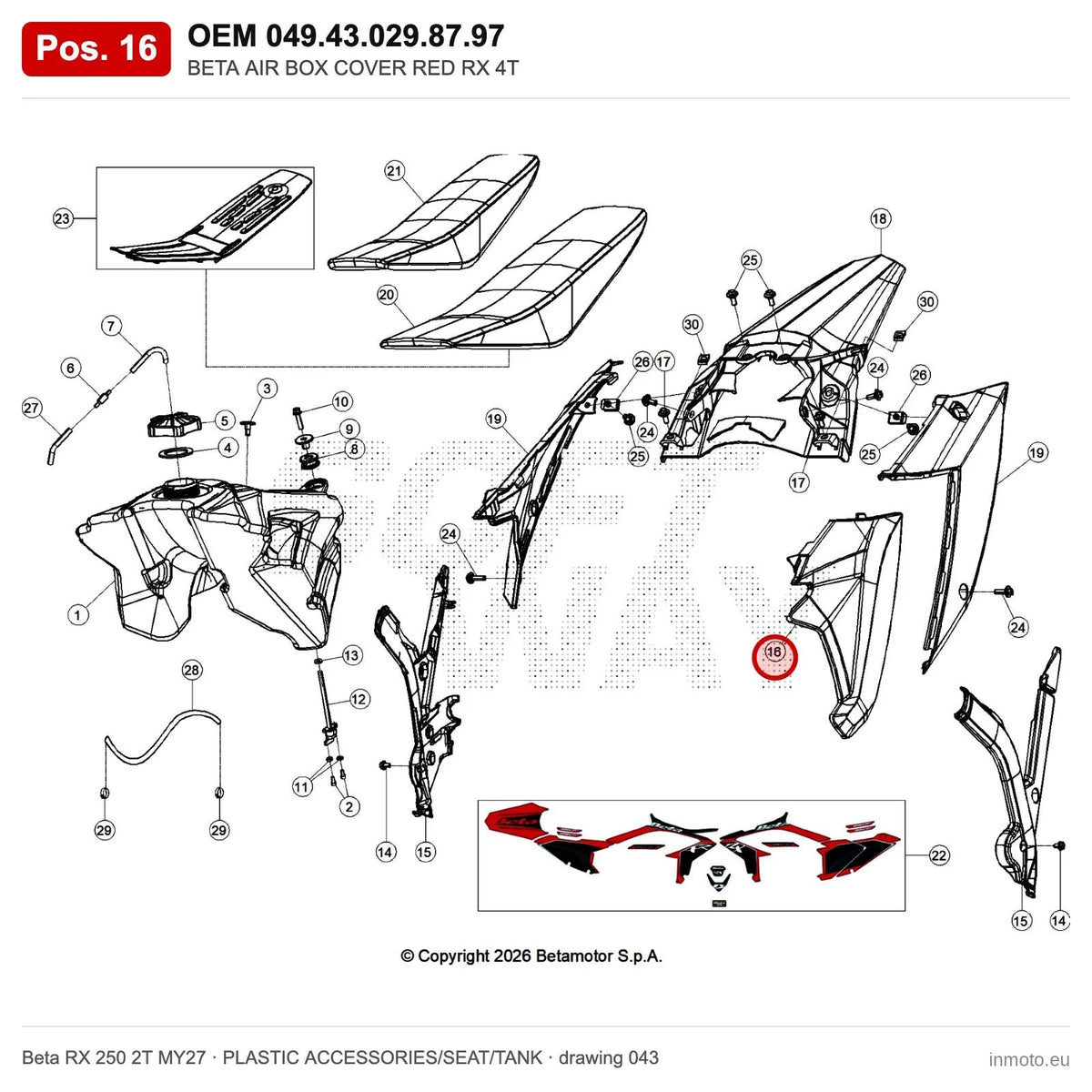 BETA AIR BOX COVER RED RX 4T – OEM 049.43.029.87.97, position 16 on the Beta RX 250 2T MY27 plastic accessories/seat/tank drawing