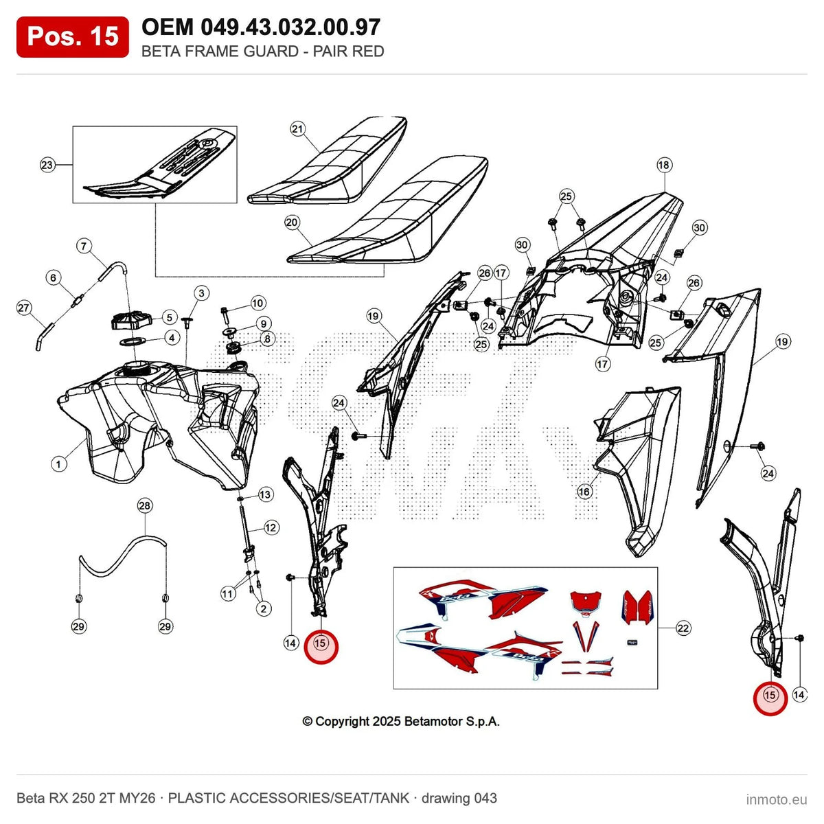 BETA FRAME GUARD - PAIR RED – OEM 049.43.032.00.97, position 15 on the Beta RX 250 2T MY26 plastic accessories/seat/tank drawing
