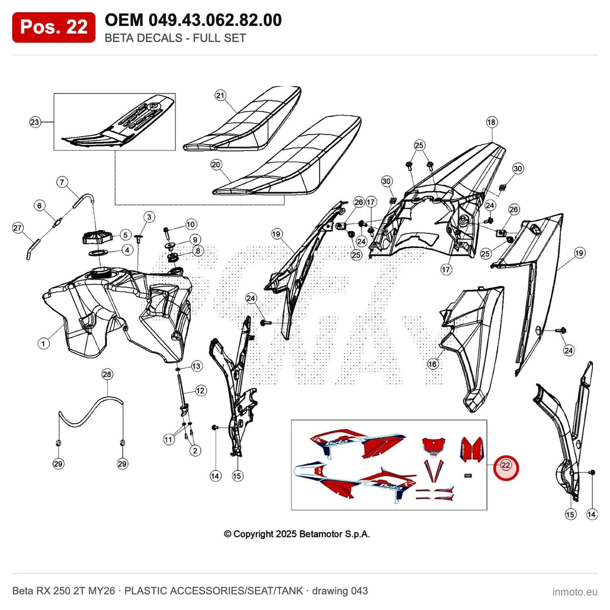BETA DECALS - FULL SET – OEM 049.43.062.82.00, position 22 on the Beta RX 250 2T MY26 plastic accessories/seat/tank drawing