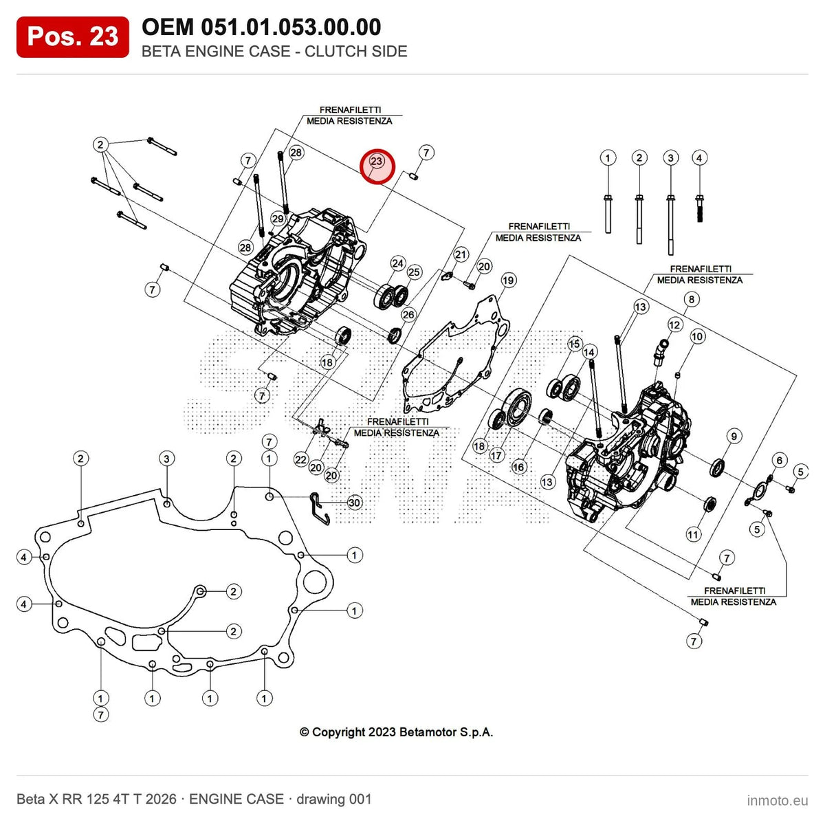 BETA ENGINE CASE - CLUTCH SIDE – OEM 051.01.053.00.00, position 23 on the Beta X RR 125 4T T 2026 engine case drawing