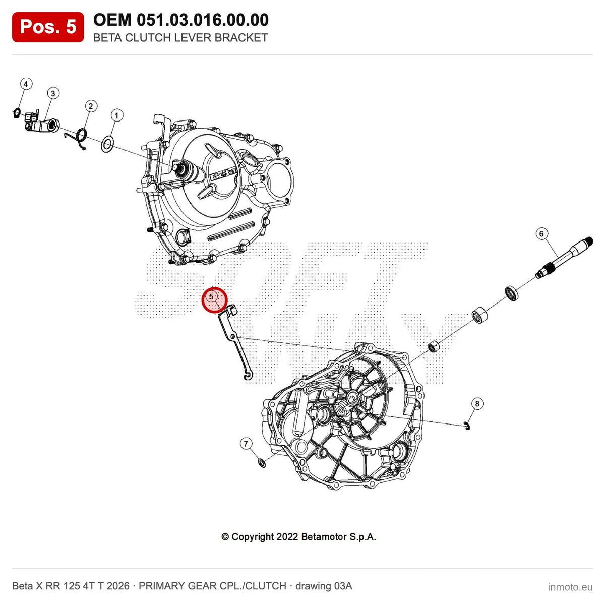 BETA CLUTCH LEVER BRACKET – OEM 051.03.016.00.00, position 5 on the Beta X RR 125 4T T 2026 primary gear cpl./clutch drawing