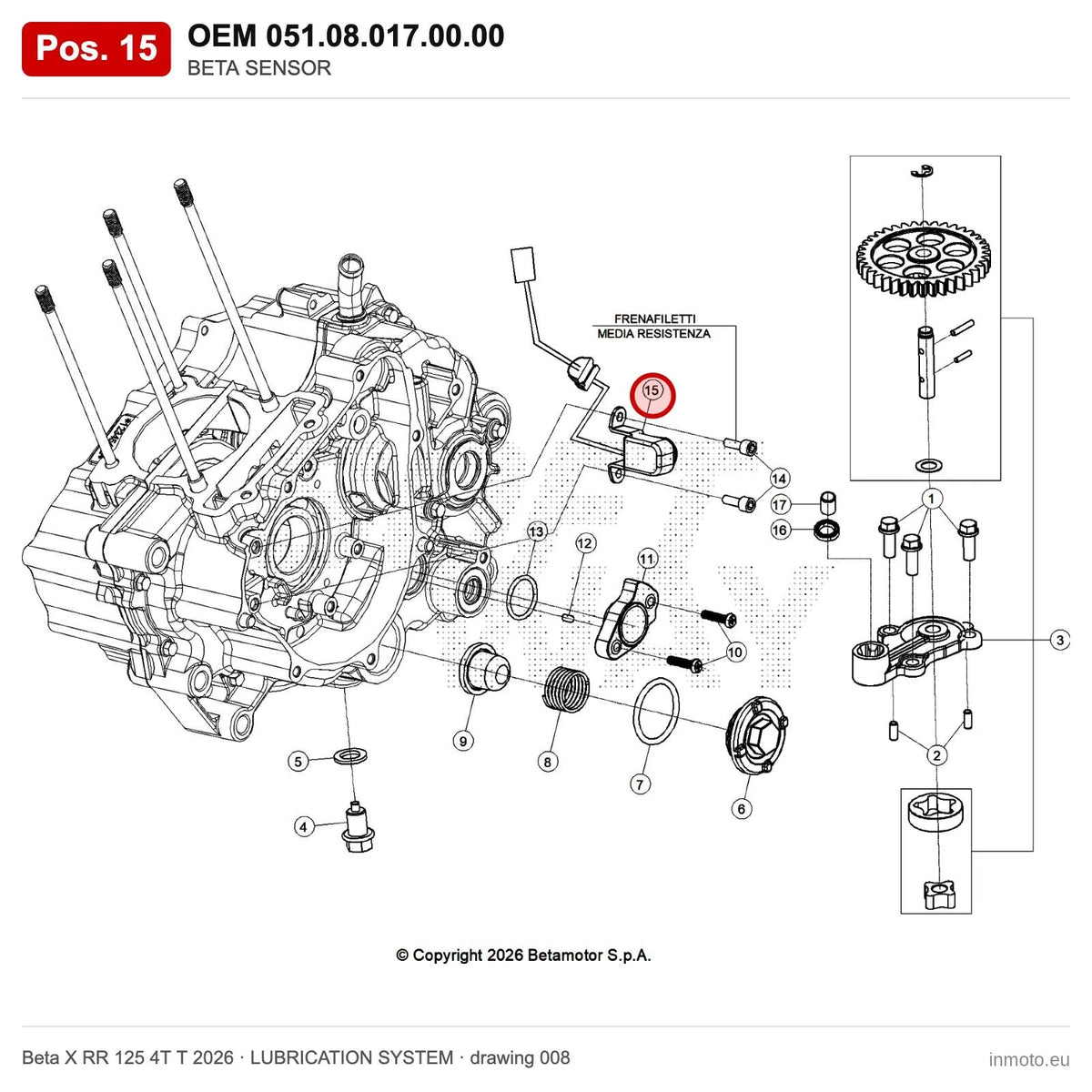 BETA SENSOR – OEM 051.08.017.00.00, position 15 on the Beta X RR 125 4T T 2026 lubrication system drawing