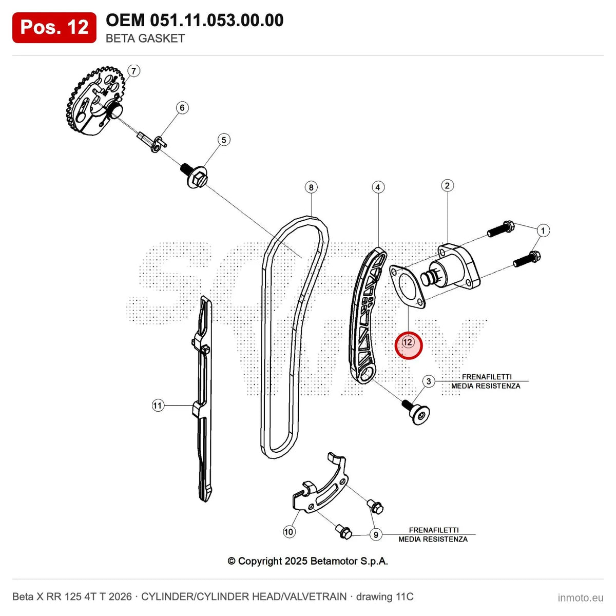 BETA GASKET – OEM 051.11.053.00.00, position 12 on the Beta X RR 125 4T T 2026 cylinder/cylinder head/valvetrain drawing