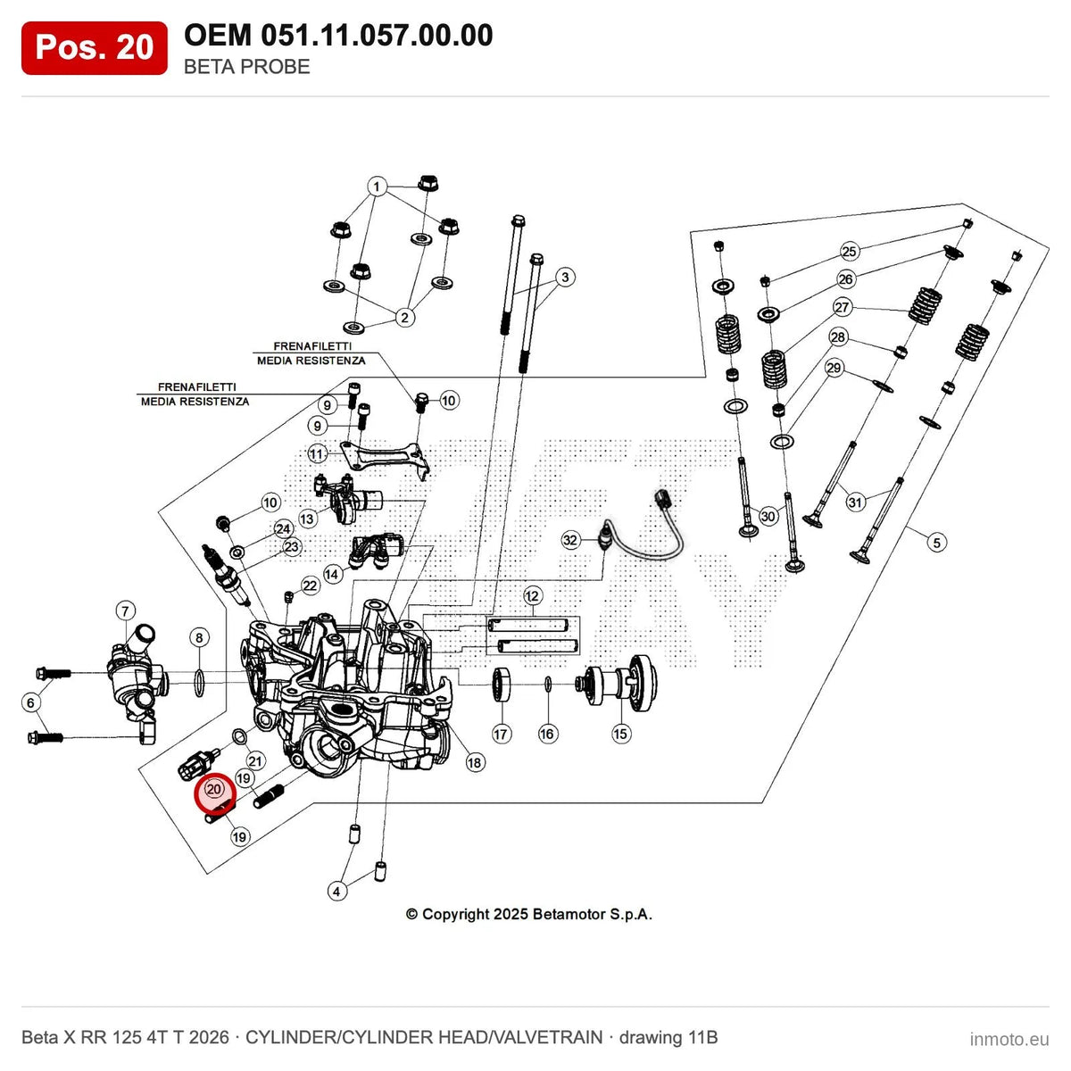BETA PROBE – OEM 051.11.057.00.00, position 20 on the Beta X RR 125 4T T 2026 cylinder/cylinder head/valvetrain drawing