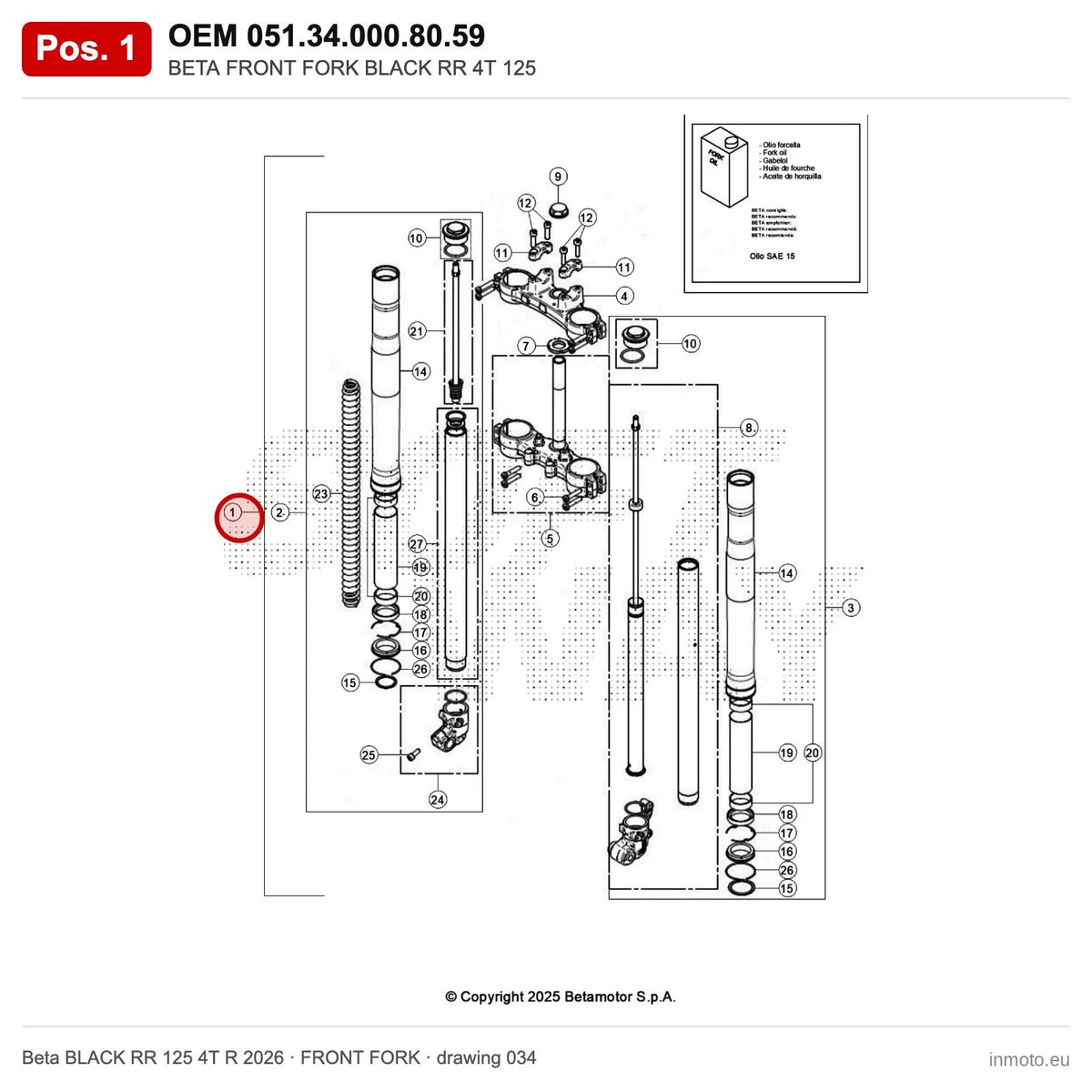 BETA FRONT FORK BLACK RR 4T 125 – OEM 051.34.000.80.59, position 1 on the Beta BLACK RR 125 4T R 2026 front fork drawing