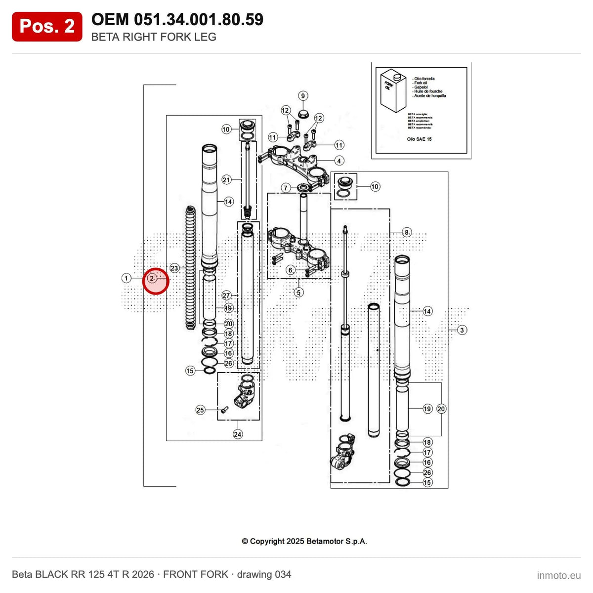 BETA RIGHT FORK LEG – OEM 051.34.001.80.59, position 2 on the Beta BLACK RR 125 4T R 2026 front fork drawing