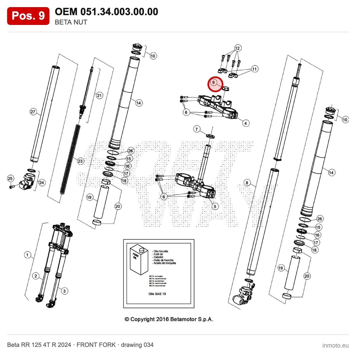 BETA NUT – OEM 051.34.003.00.00, position 9 on the Beta RR 125 4T R 2024 front fork drawing