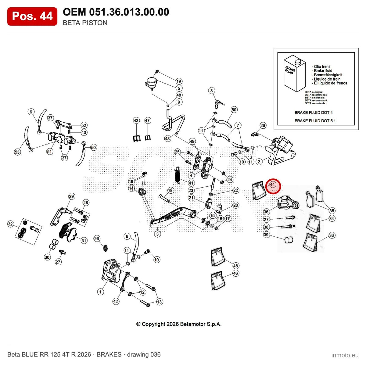 BETA PISTON – OEM 051.36.013.00.00, position 44 on the Beta BLUE RR 125 4T R 2026 brakes drawing