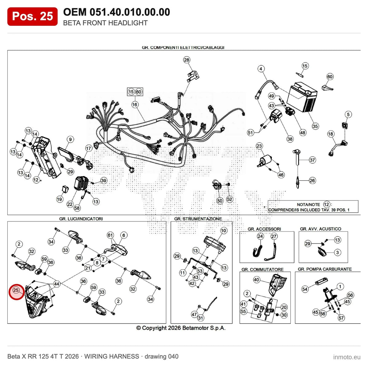 BETA FRONT HEADLIGHT – OEM 051.40.010.00.00, position 25 on the Beta X RR 125 4T T 2026 wiring harness drawing
