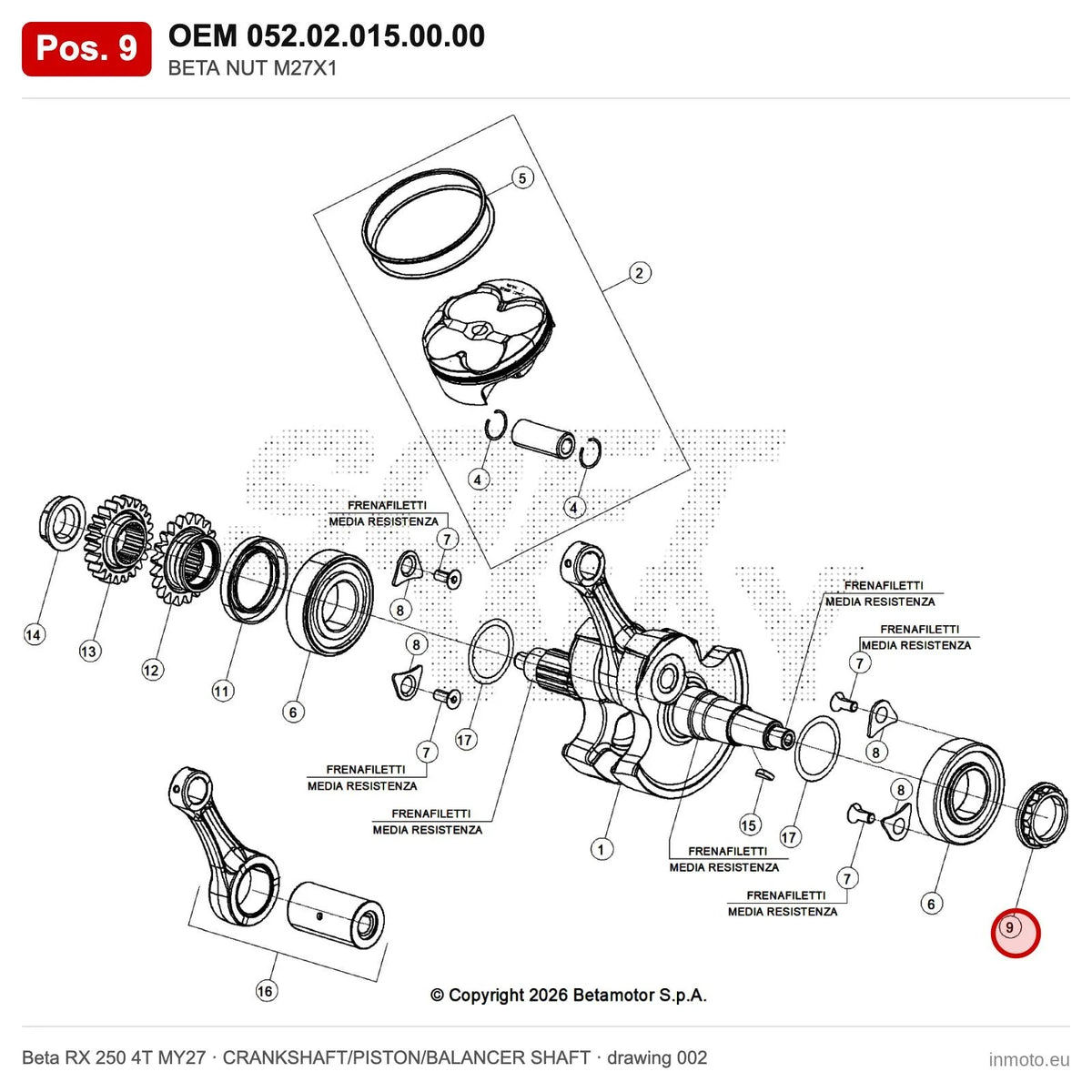 BETA NUT M27X1 – OEM 052.02.015.00.00, position 9 on the Beta RX 250 4T MY27 crankshaft/piston/balancer shaft drawing