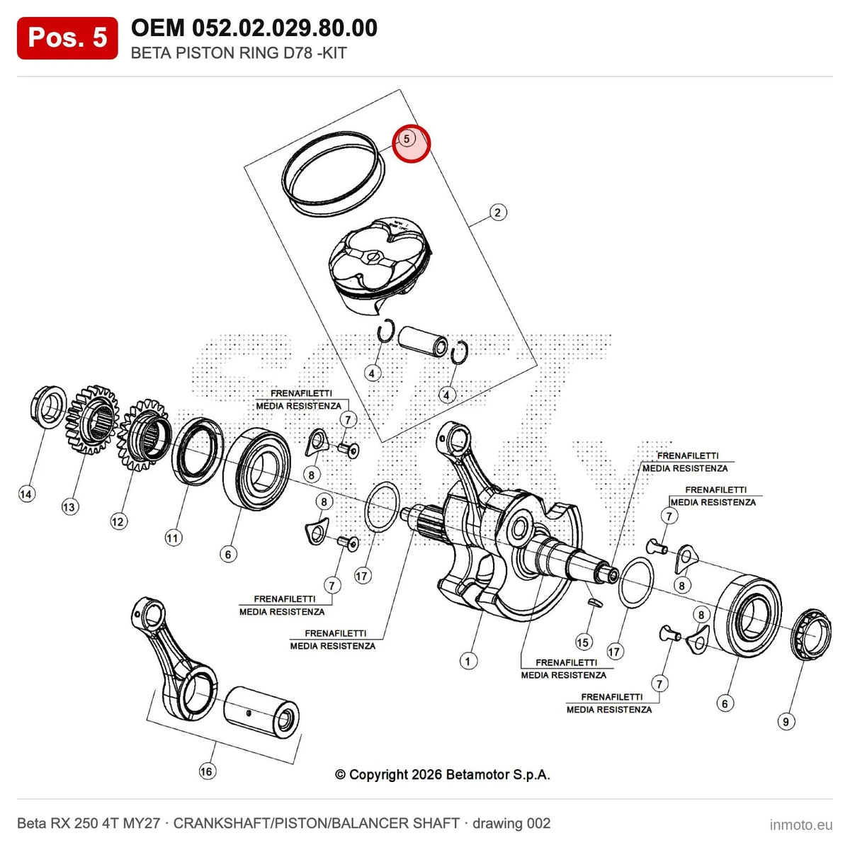 BETA PISTON RING D78 -KIT – OEM 052.02.029.80.00, position 5 on the Beta RX 250 4T MY27 crankshaft/piston/balancer shaft drawing