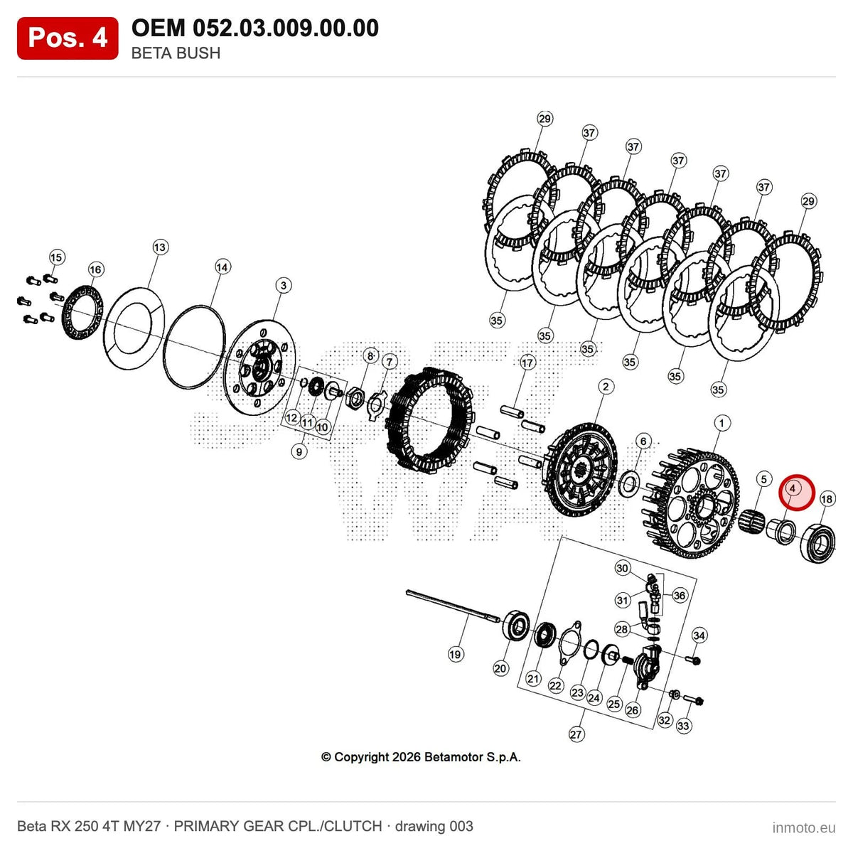 BETA BUSH – OEM 052.03.009.00.00, position 4 on the Beta RX 250 4T MY27 primary gear cpl./clutch drawing