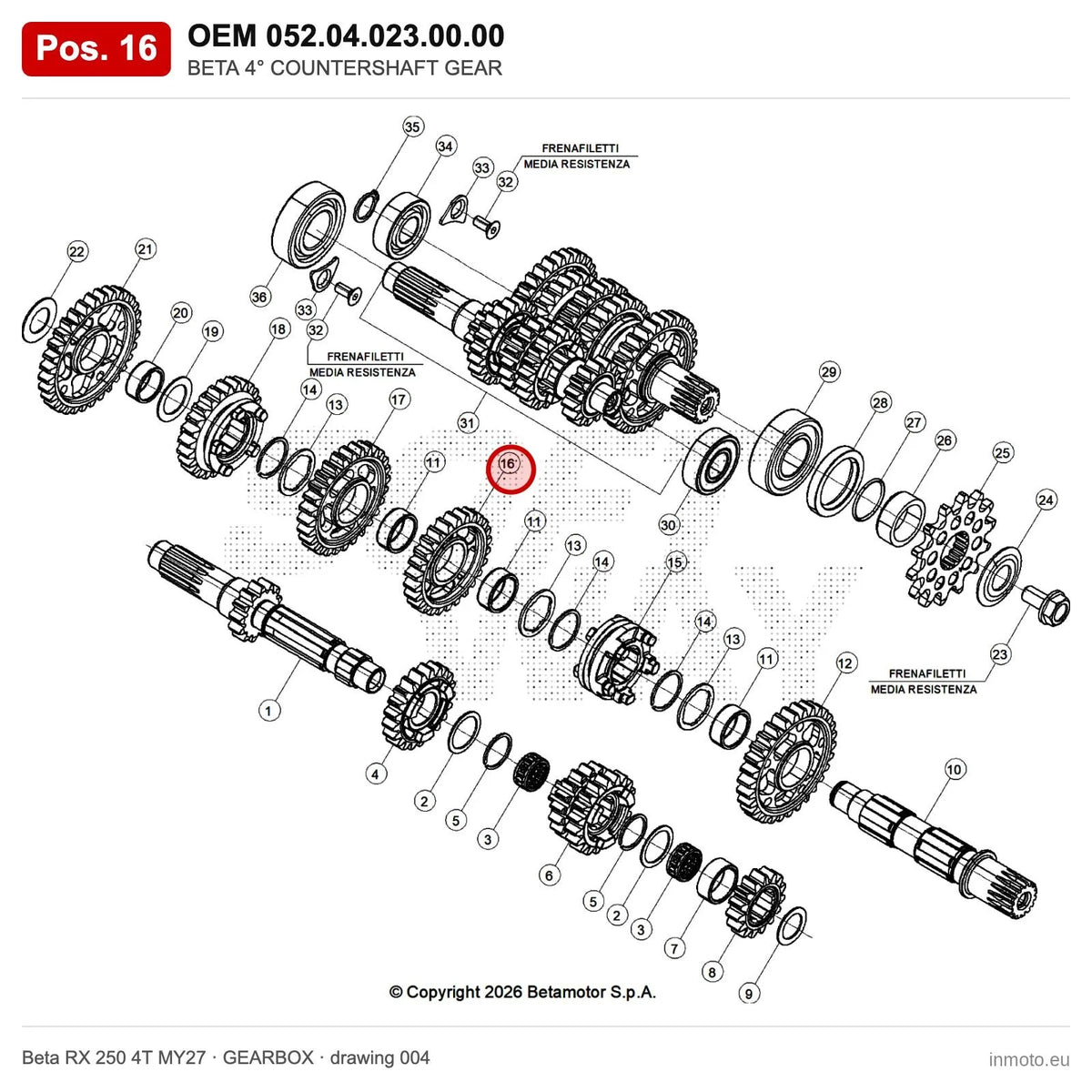 BETA 4° COUNTERSHAFT GEAR – OEM 052.04.023.00.00, position 16 on the Beta RX 250 4T MY27 gearbox drawing