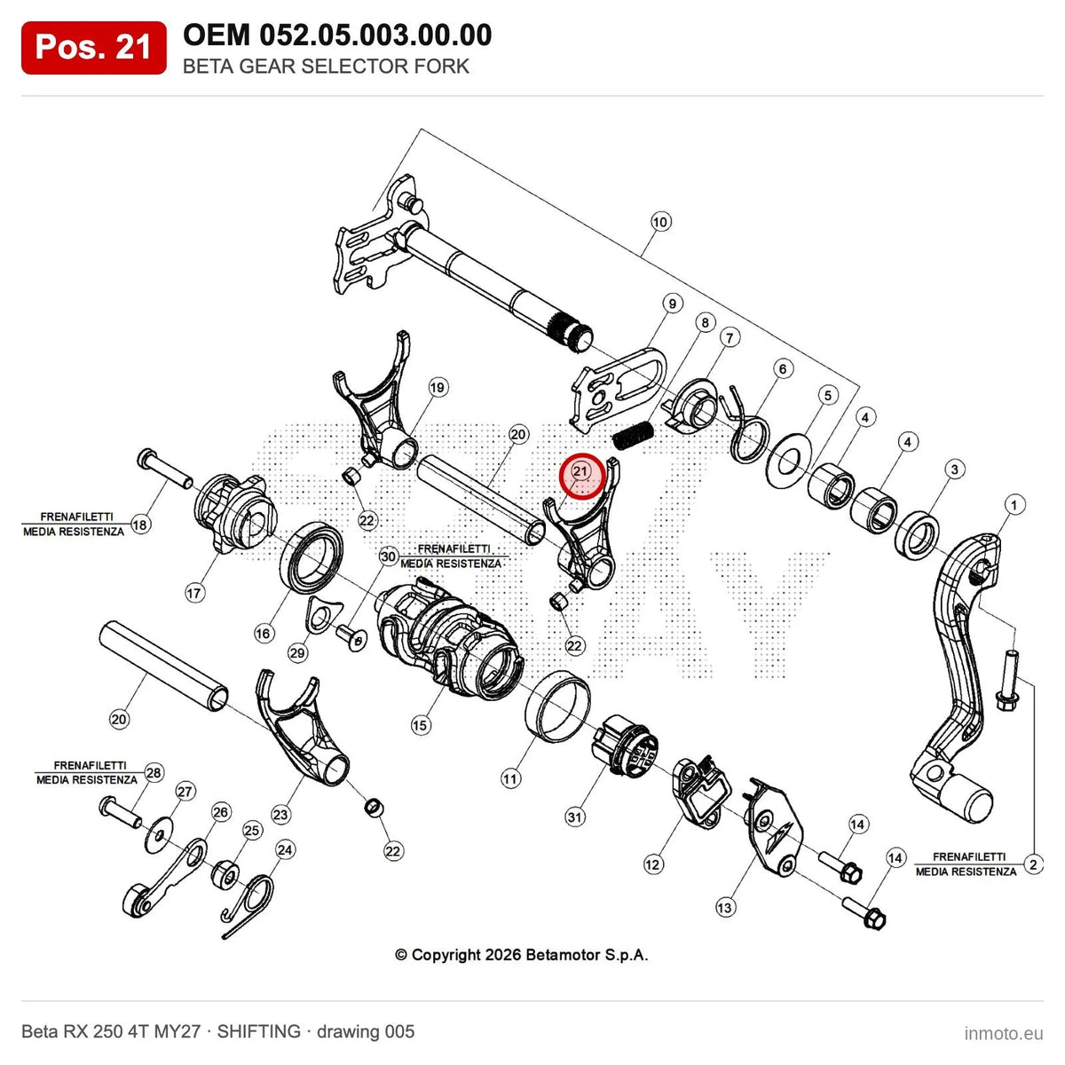 BETA GEAR SELECTOR FORK – OEM 052.05.003.00.00, position 21 on the Beta RX 250 4T MY27 shifting drawing