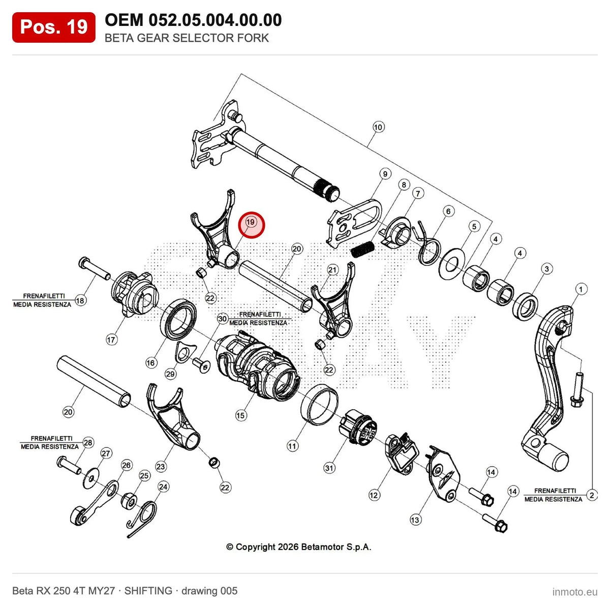 BETA GEAR SELECTOR FORK – OEM 052.05.004.00.00, position 19 on the Beta RX 250 4T MY27 shifting drawing