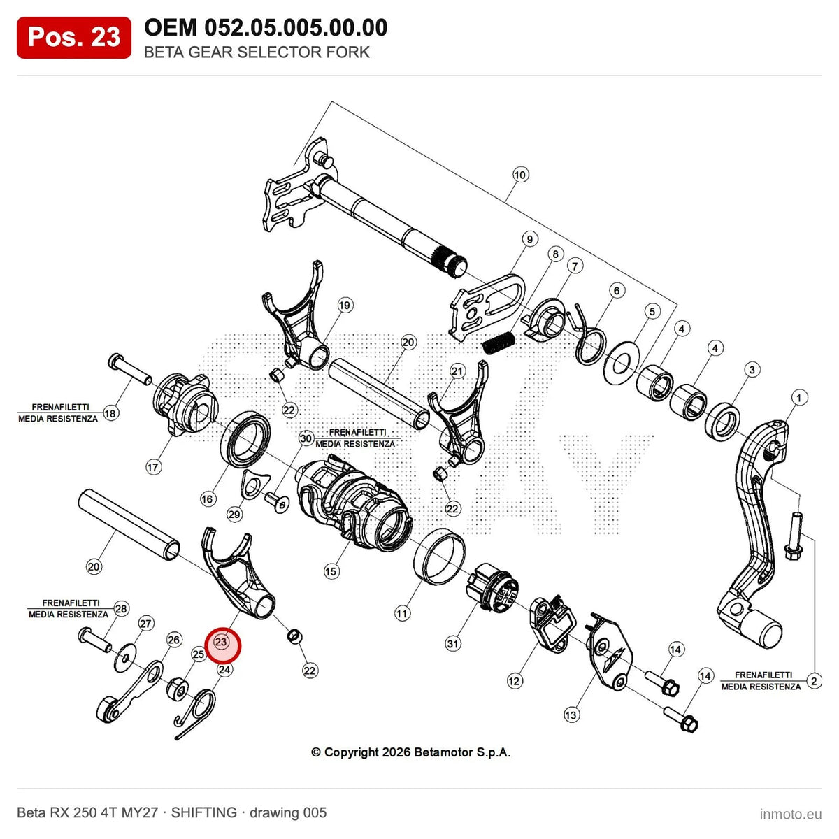 BETA GEAR SELECTOR FORK – OEM 052.05.005.00.00, position 23 on the Beta RX 250 4T MY27 shifting drawing