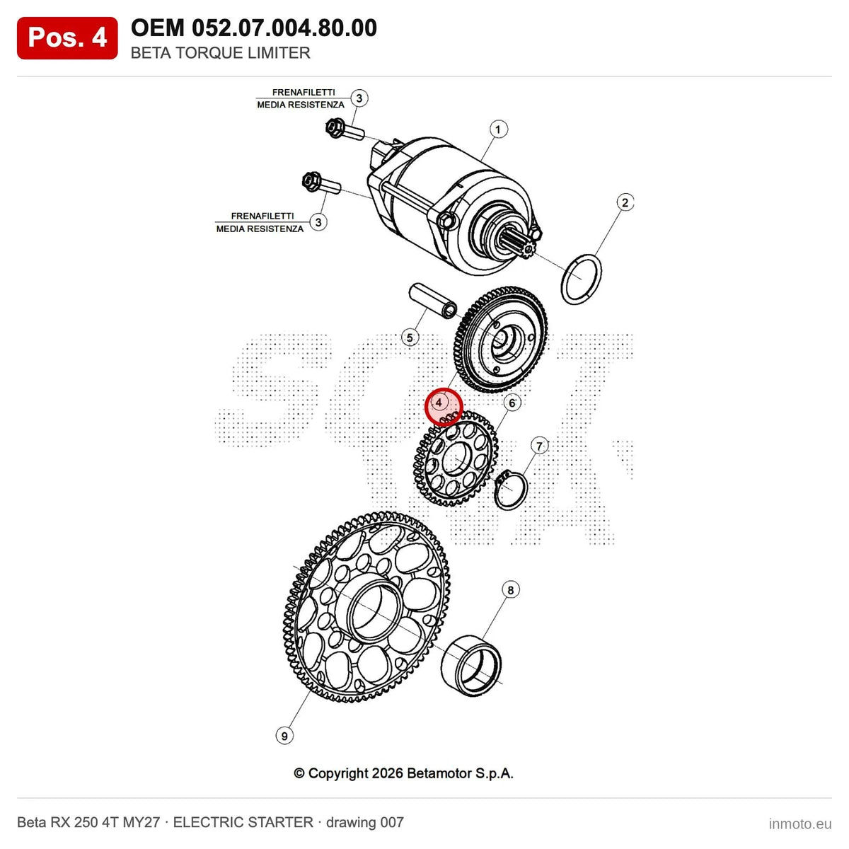 BETA TORQUE LIMITER – OEM 052.07.004.80.00, position 4 on the Beta RX 250 4T MY27 elettricstarter drawing