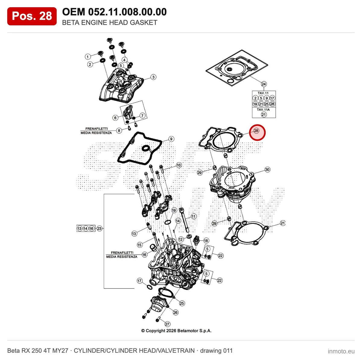 BETA ENGINE HEAD GASKET – OEM 052.11.008.00.00, position 28 on the Beta RX 250 4T MY27 cylinder/cylinder head/valvetrain drawing