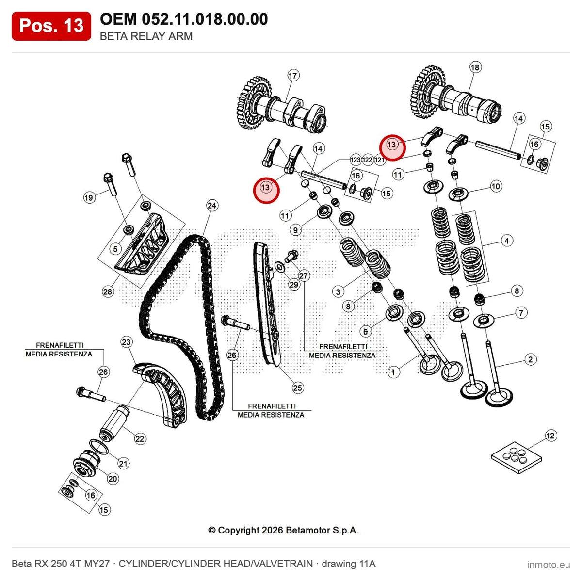 BETA RELAY ARM – OEM 052.11.018.00.00, position 13 on the Beta RX 250 4T MY27 cylinder/cylinder head/valvetrain drawing