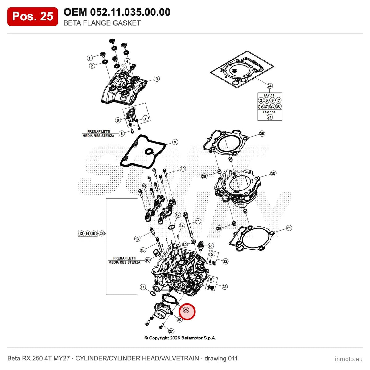 BETA FLANGE GASKET – OEM 052.11.035.00.00, position 25 on the Beta RX 250 4T MY27 cylinder/cylinder head/valvetrain drawing