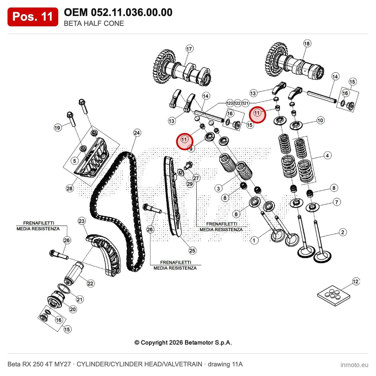 BETA HALF CONE – OEM 052.11.036.00.00, position 11 on the Beta RX 250 4T MY27 cylinder/cylinder head/valvetrain drawing